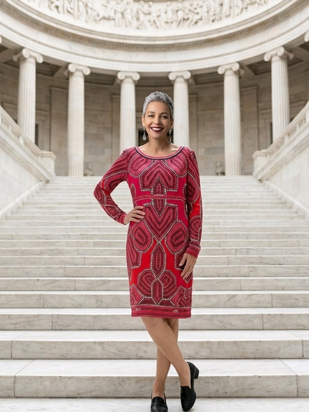 new directions Red Beaded-Pattern Long-Sleeve Midi Dress